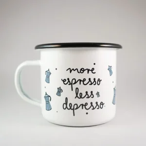 Emaljmugg – More Espresso Less Depresso, 350 ml